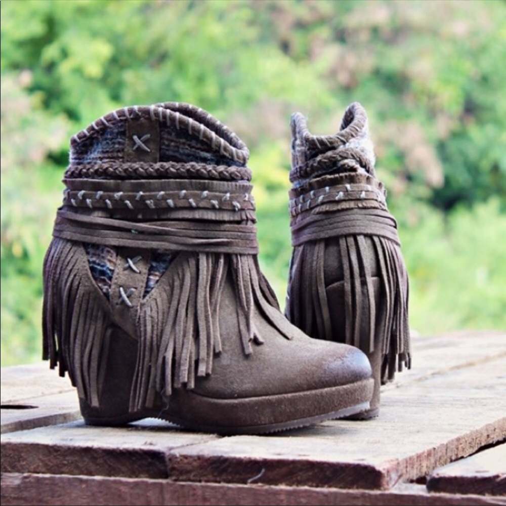 Taupe Boho Wedge Bootie with Fringe Detail - Picture 3 of 4